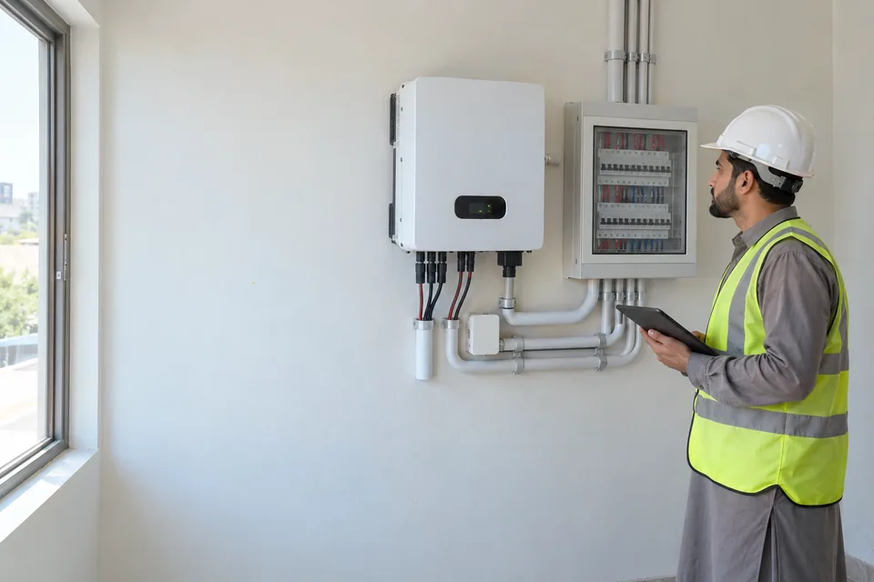 Illustrative Pakistani male engineering scene: Hybrid solar inverters