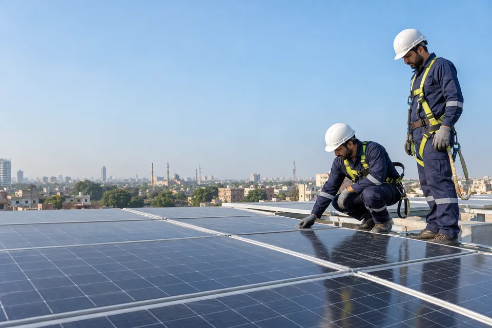 Illustrative Pakistani male engineering scene: Solar panels